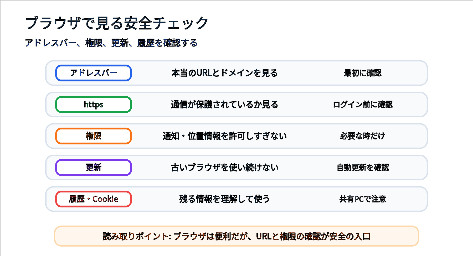 ブラウザを安全に使うためのアドレスバー、権限、更新、履歴の確認ポイント