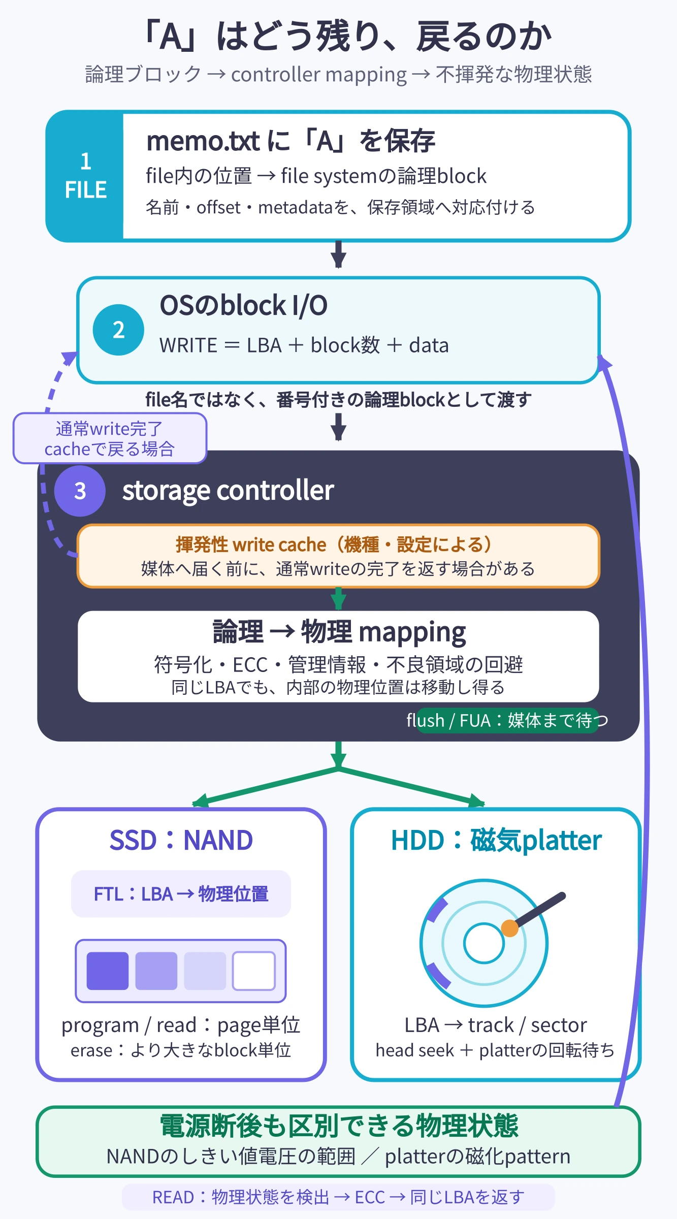 memo.txtのAを保存する要求が、ファイルシステムの論理ブロック、OSのLBAを指定したブロックI/O、揮発性write cacheを含み得るストレージコントローラへ進む。コントローラはSSDではFTLでNAND上の物理位置へ、HDDではトラックとセクタへ対応付け、ECCと管理情報を伴って不揮発な電荷状態または磁化パターンとして記録する。通常のwrite完了とflushまたはFUAによる不揮発化完了の境界、read時に逆向きに同じ論理ブロックへ戻す流れも示す